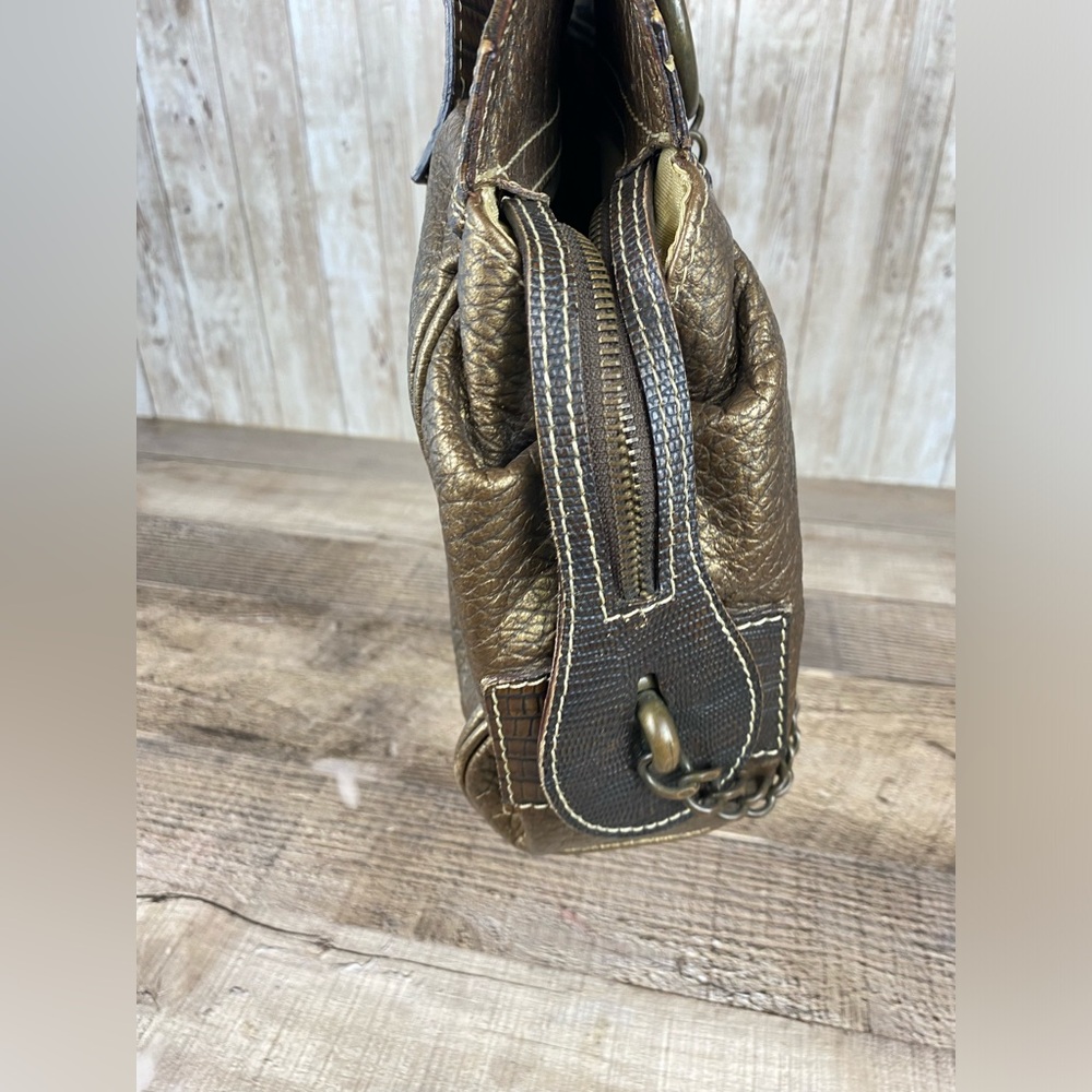 Claudia Firenze Handbag Pewter Metallic Leather Fur Chain Made in Italy - Picture 4 of 16